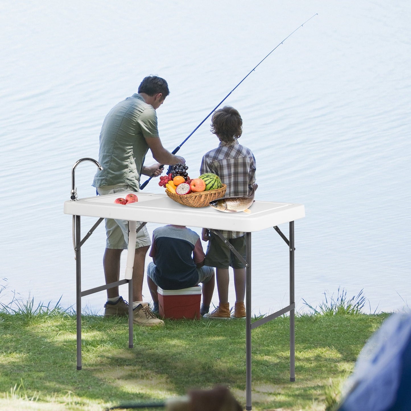 Ktaxon Folding Fish Table Fillet Cleaning Cutting with Sink Faucet White Plastic