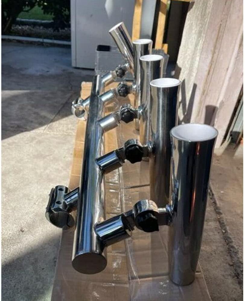 Miumaeov Boat Fishing Rod Holder Stainless Steel 5 Tube Rod Racks 2' Clamp on 1''-1-1/4'' Rail for Fishing Mount