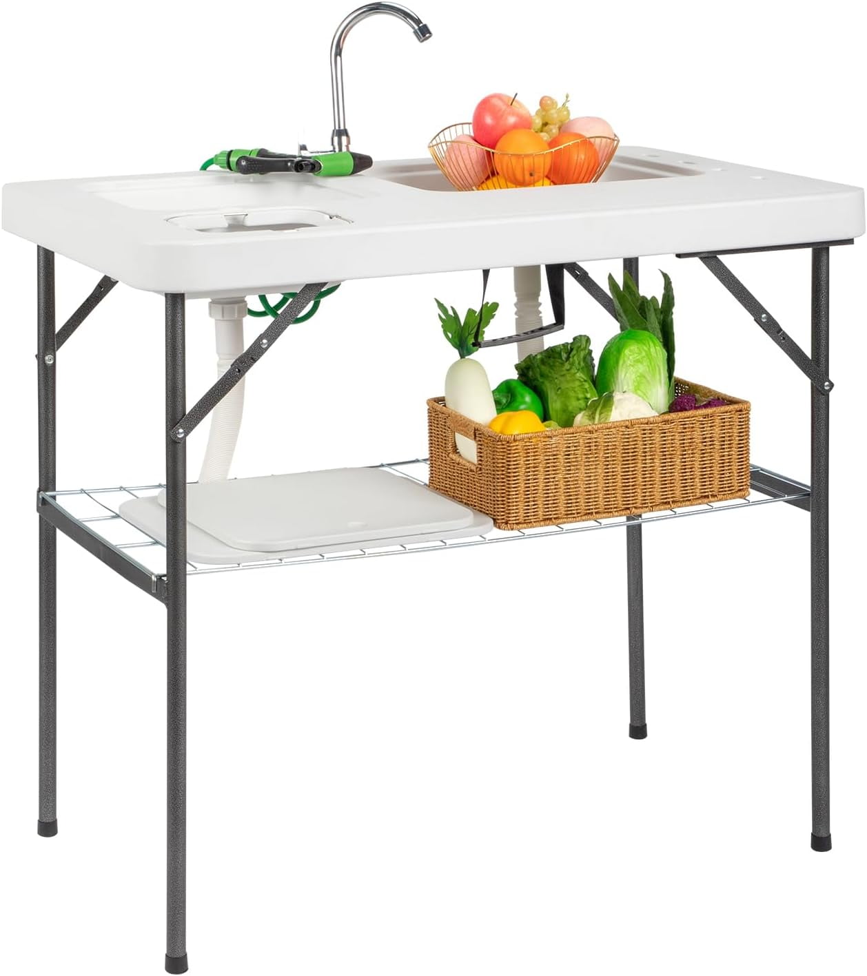 VINGLI Folding Fish Cleaning Table with 2 Sink, Outdoor Portable Camping Table with Grid Rack & Sprayer, Cutting Table with Drainage Hose Stainless Steel Faucet for Patio Backyard BBQ