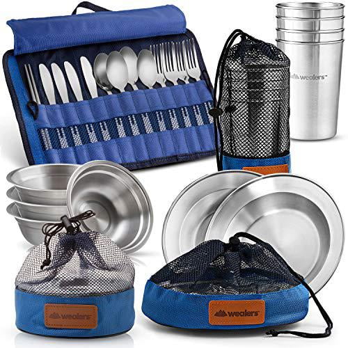 Wealers 4-Person Camping Utensils Stainless Steel Dinnerware Set with Mesh Bag, Blue