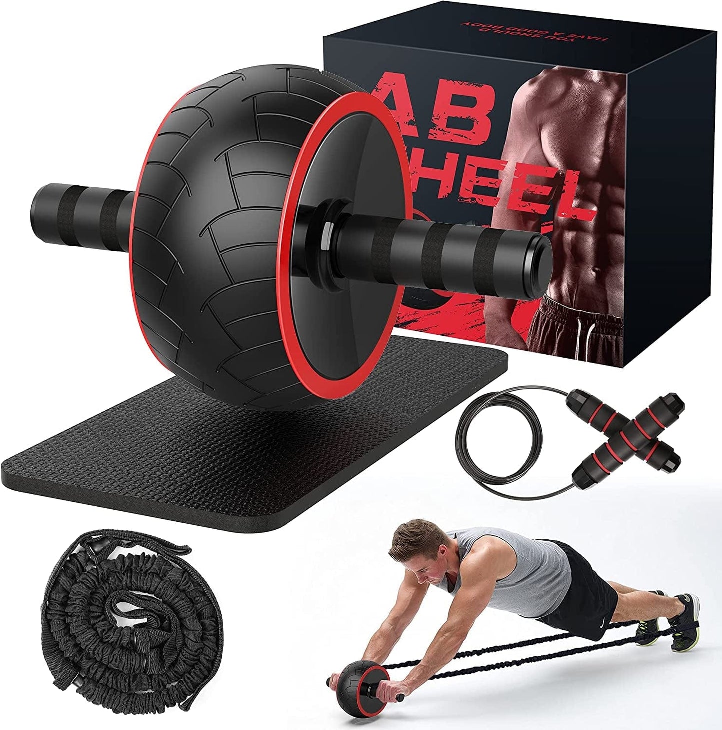 Leanxrmab Roller Wheel for Home Gym Fitness, Men Women Ab Machine Abs Workout Equipment Exercise Wheel with Knee Pad, Jump Rope and Resistance Band for Abdominal Core Strength Training