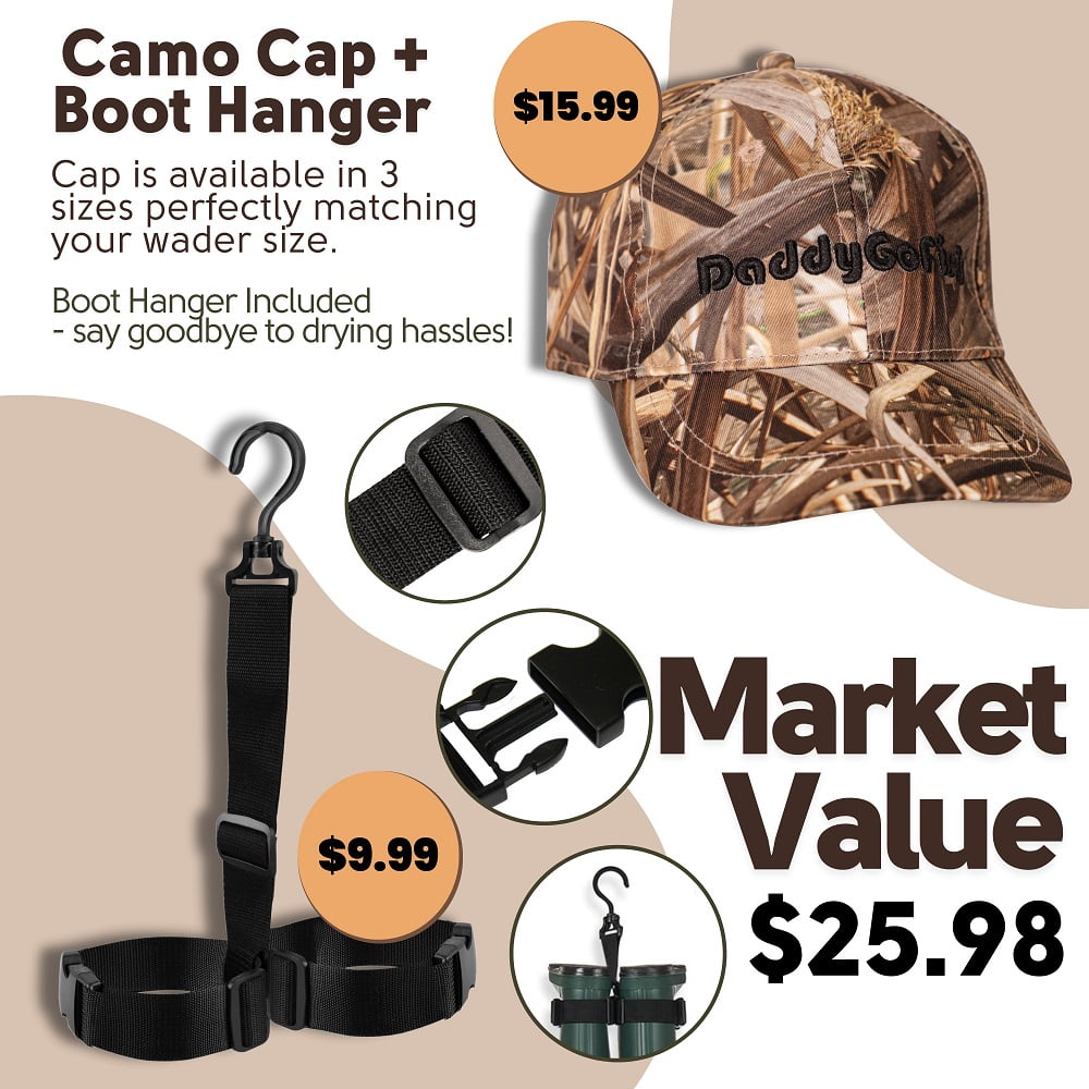 DaddyGoFish Neoprene Chest Waders for Kids and Adults | Waterproof BootFoot Waders | Fishing and Hunting Waders with a Camouflage Caps, and a Wader Hanger