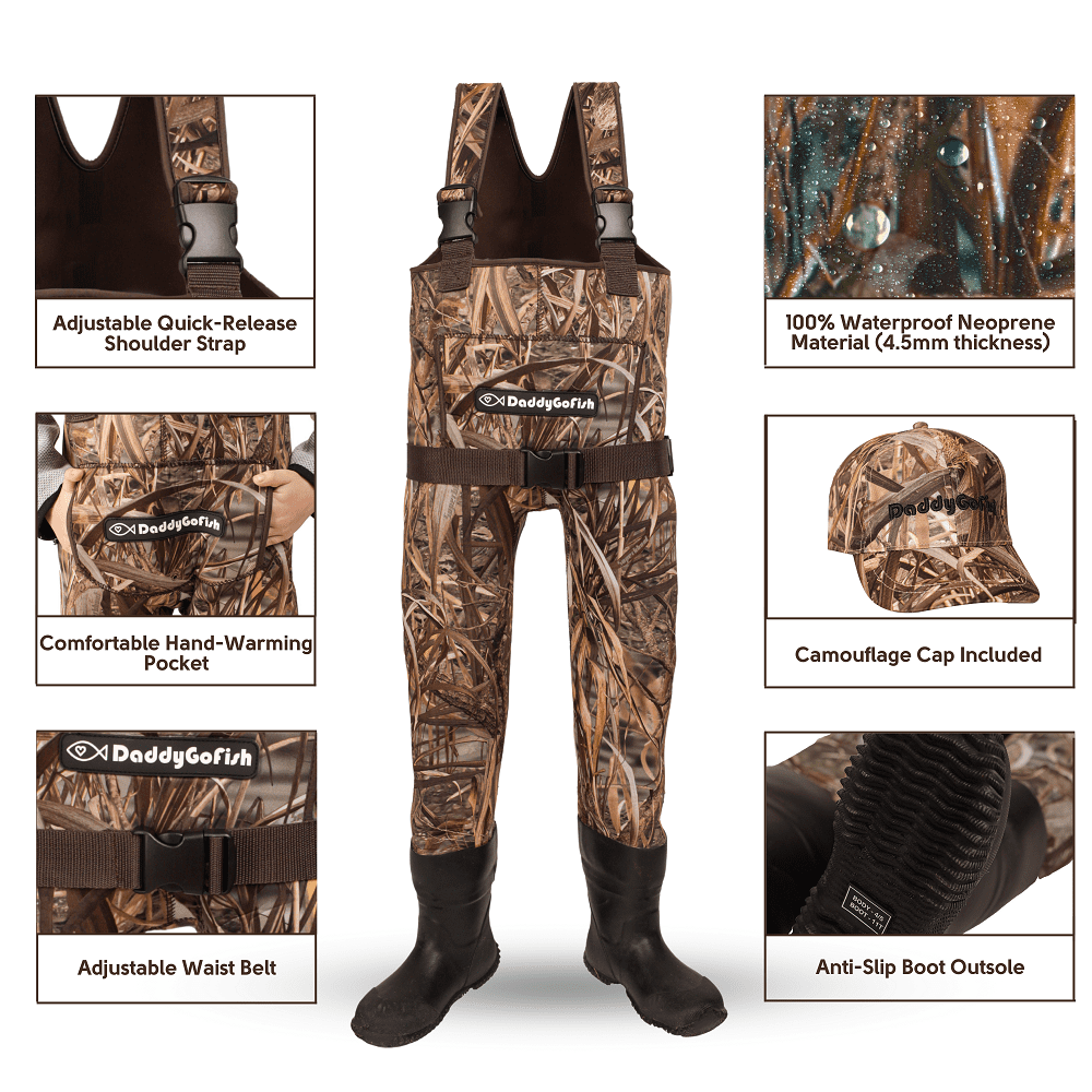 DaddyGoFish Neoprene Chest Waders for Kids and Adults | Waterproof BootFoot Waders | Fishing and Hunting Waders with a Camouflage Caps, and a Wader Hanger