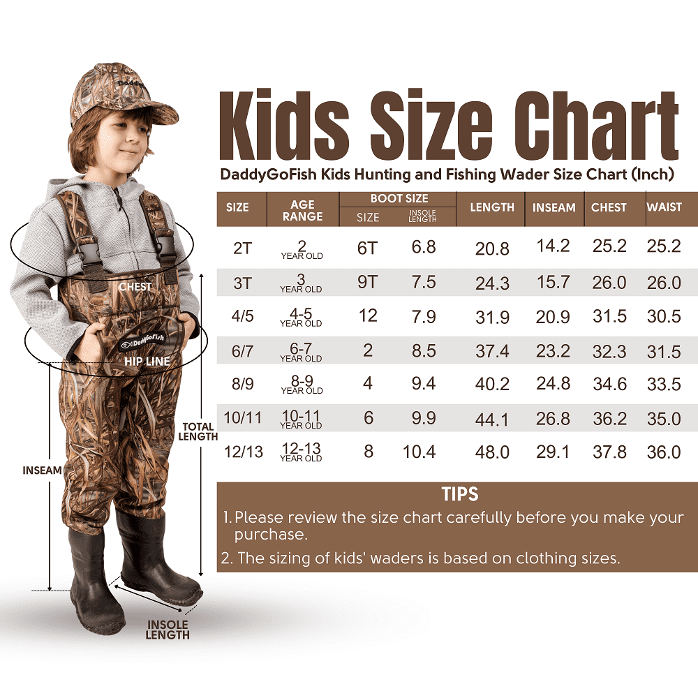 DaddyGoFish Neoprene Chest Waders for Kids and Adults | Waterproof BootFoot Waders | Fishing and Hunting Waders with a Camouflage Caps, and a Wader Hanger