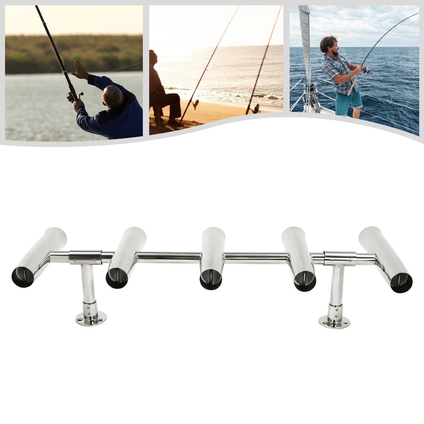 5 Tube Fishing Rod Holder Stainless Steel Boat Marine Angle Adjustment Durable