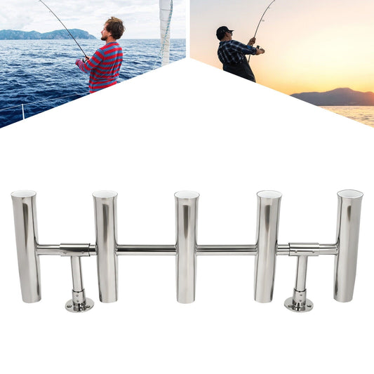 5 Tubes Marine Boat Fishing Rod Holder Stainless Steel Silver Adjustable Degree New