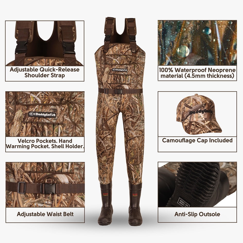 DaddyGoFish Neoprene Chest Waders for Kids and Adults | Waterproof BootFoot Waders | Fishing and Hunting Waders with a Camouflage Caps, and a Wader Hanger