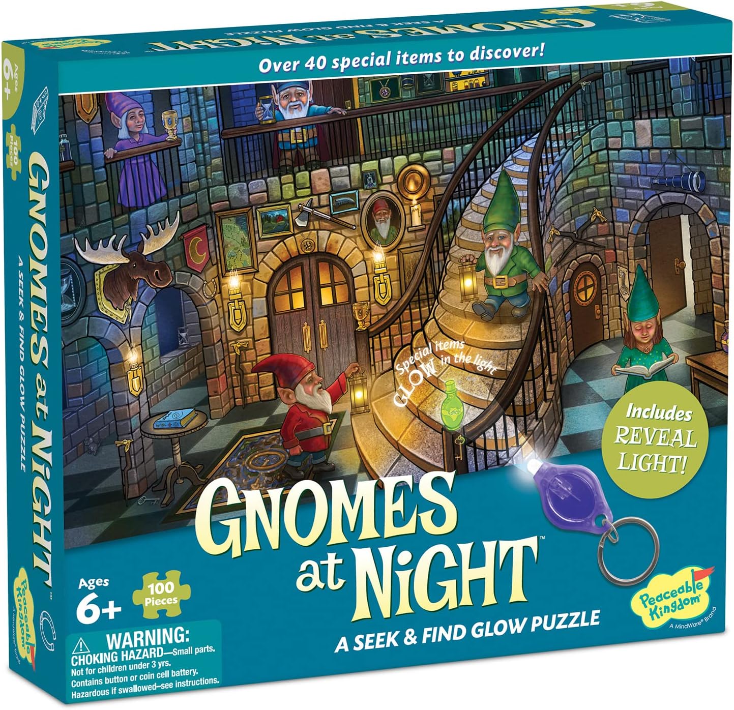 Peaceable Kingdom Gnomes at Night  100 Piece Seek and Find Glow Puzzle