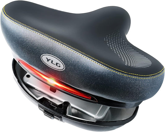 YLG Wide Bike Seat - Comfortable Large Electric Bike Saddle Cushion with Storage, Wide Memory Foam Cushion Durable Leather, Universal Fit - Ideal for Tall Men and Women, Stable and Waterproof