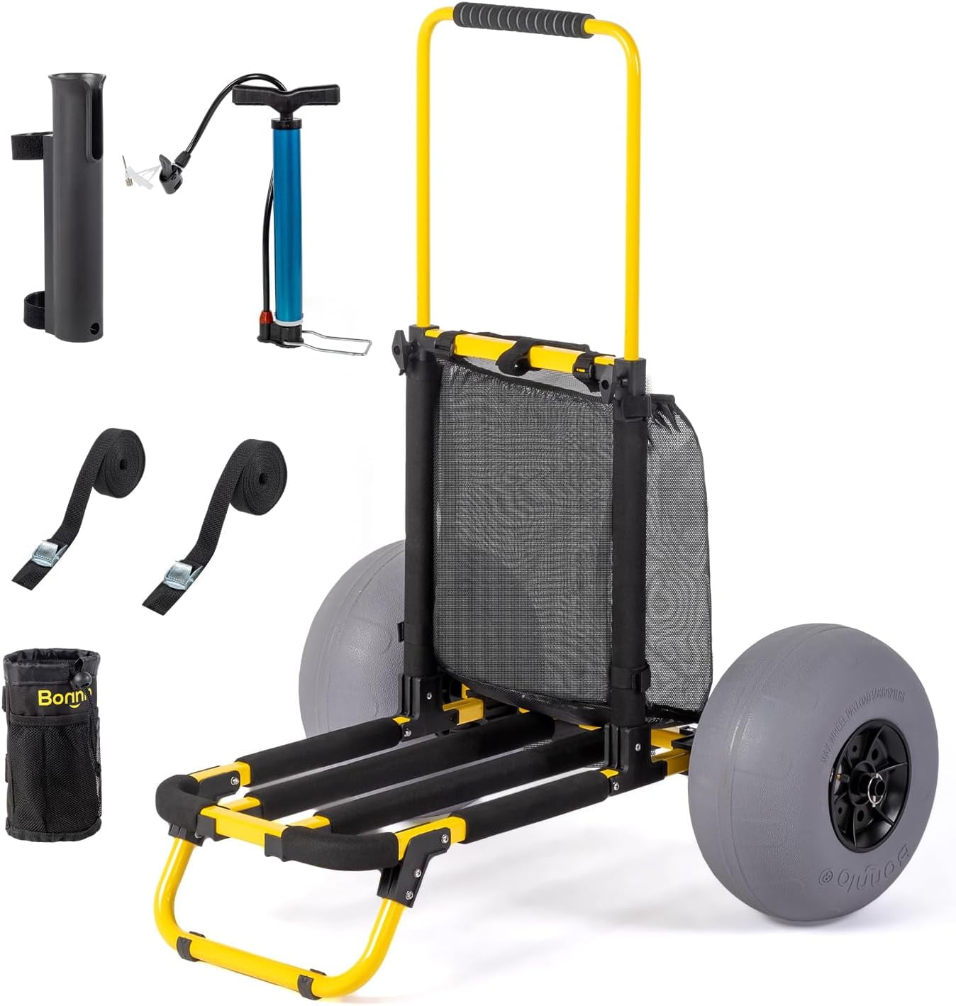 Bonnlo Beach Fishing Cart, Beach Wagon Trolley with 12' Big Balloon Wheels for Sand Foldable Beach Trailer with 18.5' x 15' Cargo Deck, Fishing Rods Holder, Water Bottle Holder, Mesh Bag, Hand Pump