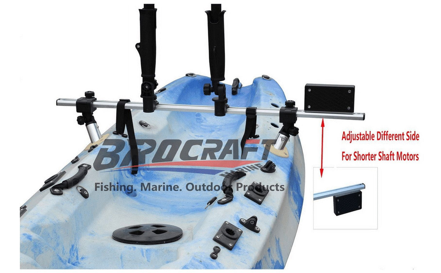 BroCraft Fishing Kayak Trolling Motor Mount Universal + Two Rocket Launching Rod Holder