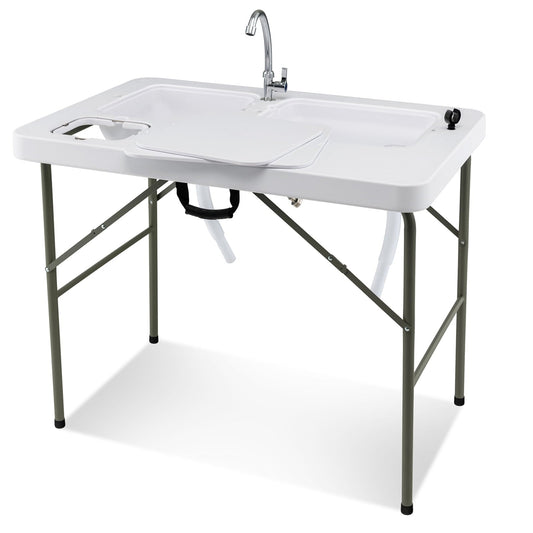 Costway Folding Fish Cleaning Table with 2 Built-in Sinks & 360¡ãRotatable Faucet