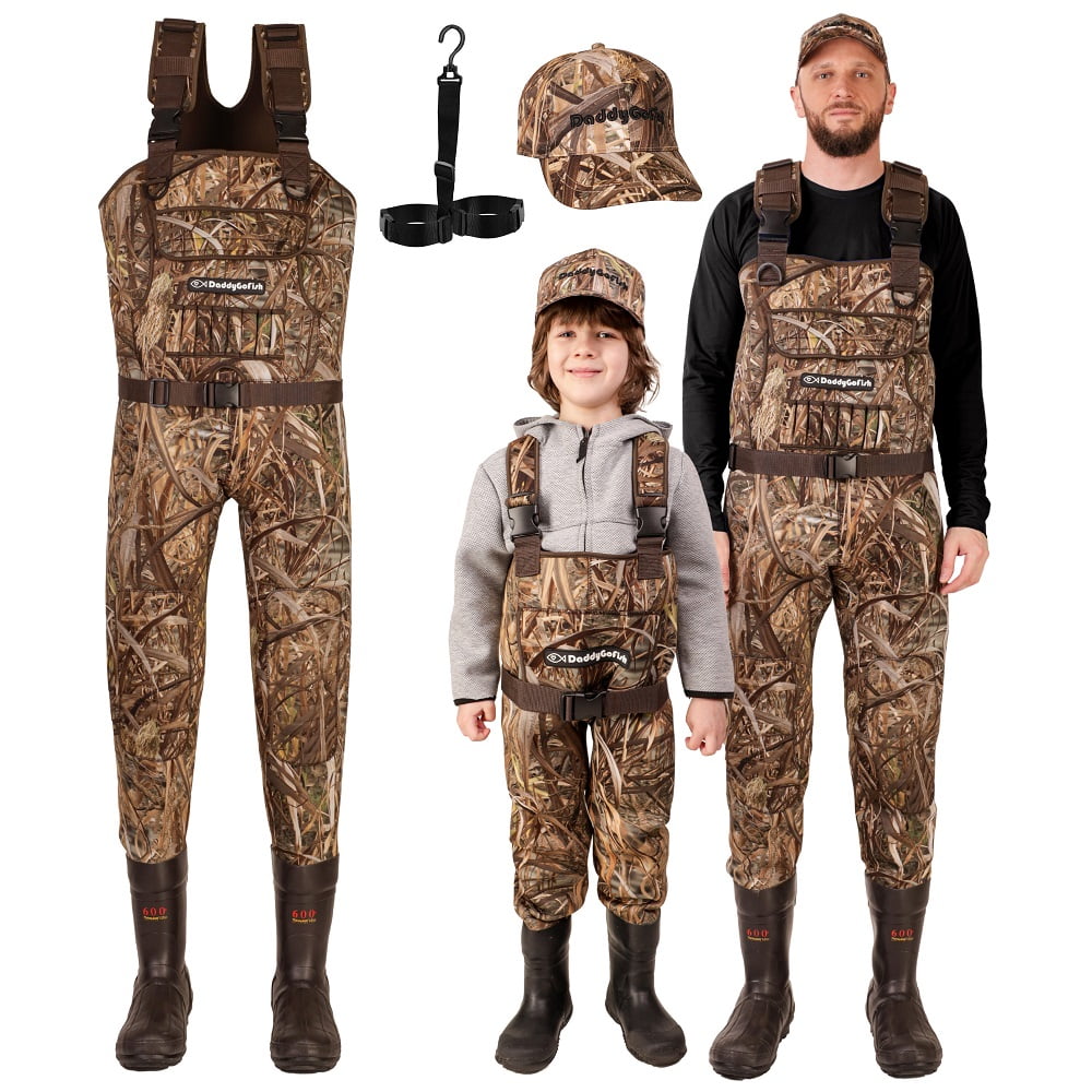 DaddyGoFish Neoprene Chest Waders for Kids and Adults | Waterproof BootFoot Waders | Fishing and Hunting Waders with a Camouflage Caps, and a Wader Hanger