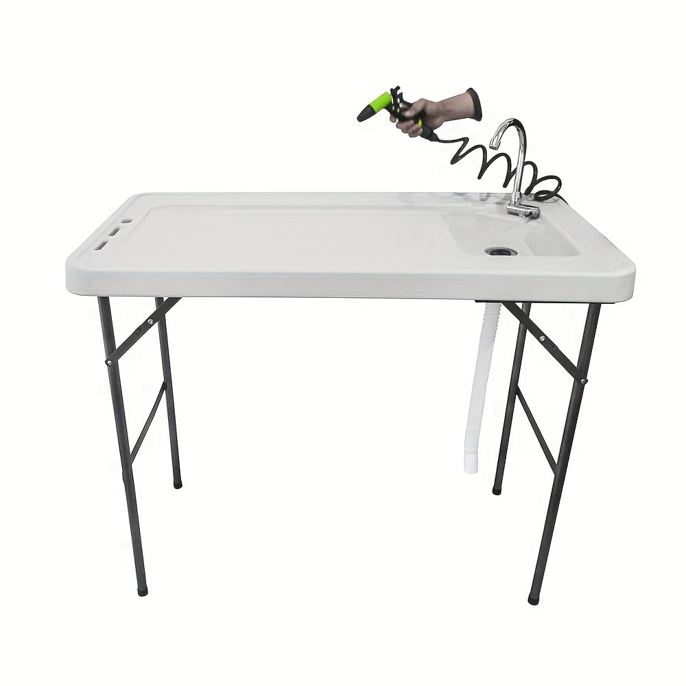Portable Fish Cleaning Table,Outdoor Folding Multifunctional Fish Table Picnic Table with Spray Gun & Faucet for Camping Picnic Kitchen Garden,White