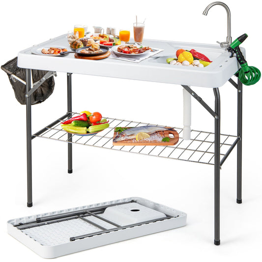 Topbuy Folding Fish Cleaning Table Fish?Fillet Station w/ 360¡ã Rotatable Faucet & Sink & Spray Nozzle & Drain Pipe Outdoor Camping Table