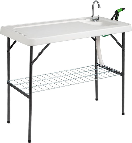 Upgarded Folding Fish Cleaning Table with Sink, Portable Camping Sink Table with Grid Rack & Sprayer, Fish Fillet Cutting Table with Drainage Hose for Patio Backyard BBQ