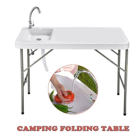 WSYW Portable Folding Camping Table with Single Sink, Fishing Cleaning Table with Faucet for Picnic Camping Gardening Kitchen, White