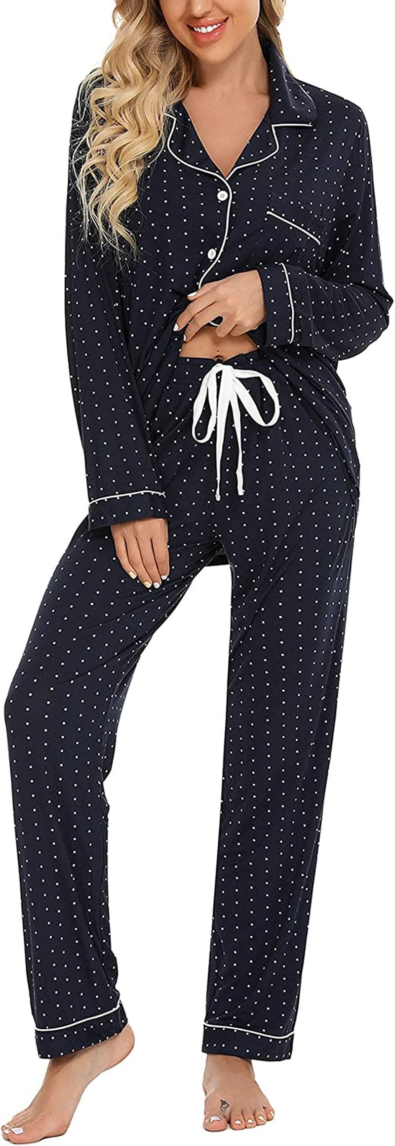 Leikar Button up Pajama Set for Women Long Sleeve Shirt and Pajama Pants Soft Pjs Lounge Sets S-XXL