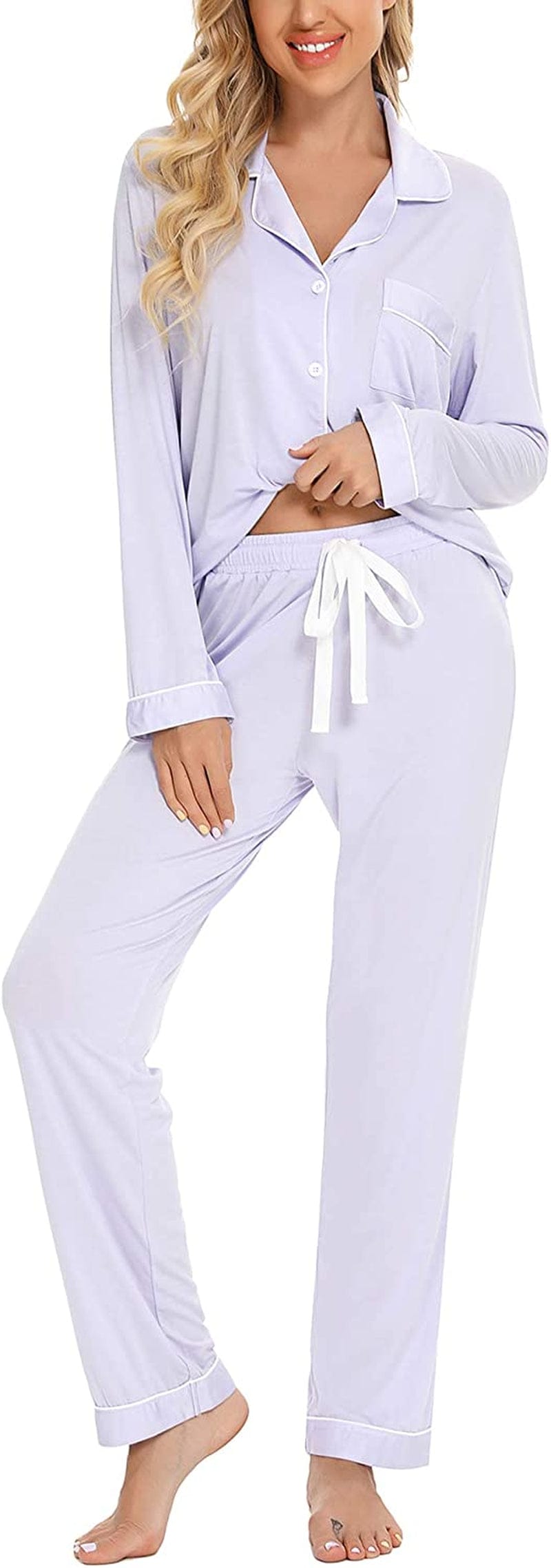 Leikar Button up Pajama Set for Women Long Sleeve Shirt and Pajama Pants Soft Pjs Lounge Sets S-XXL