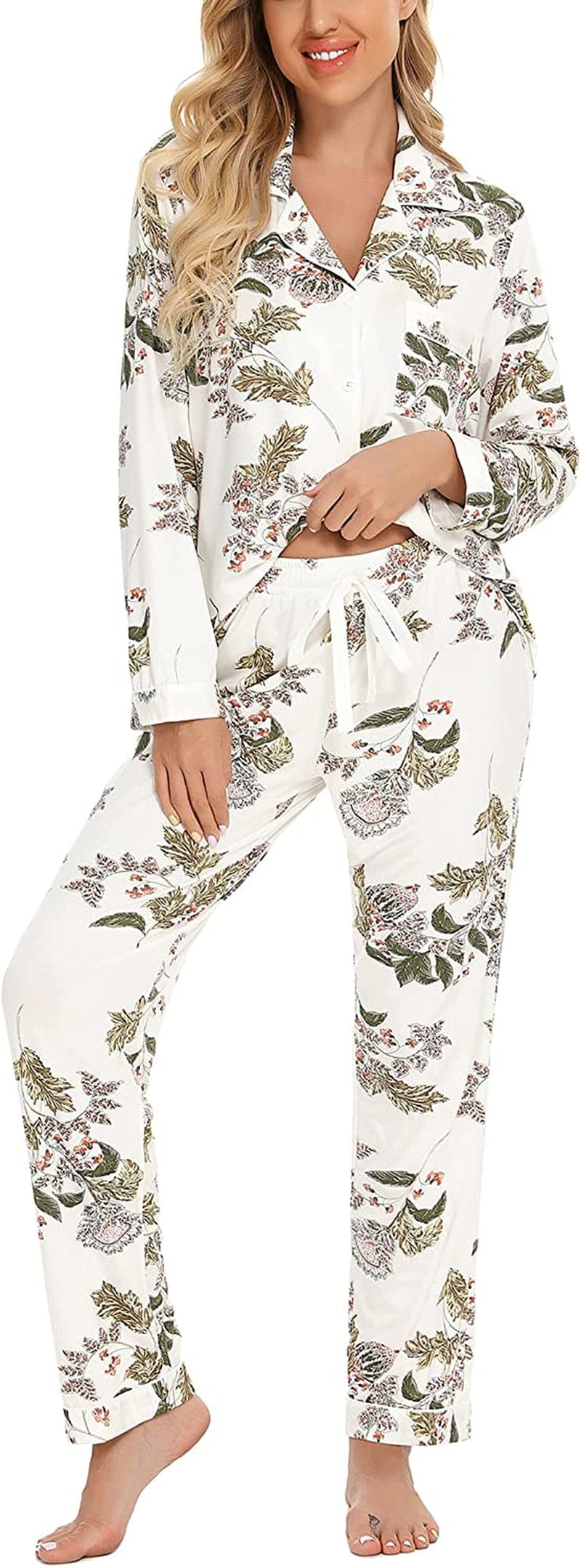 Leikar Button up Pajama Set for Women Long Sleeve Shirt and Pajama Pants Soft Pjs Lounge Sets S-XXL