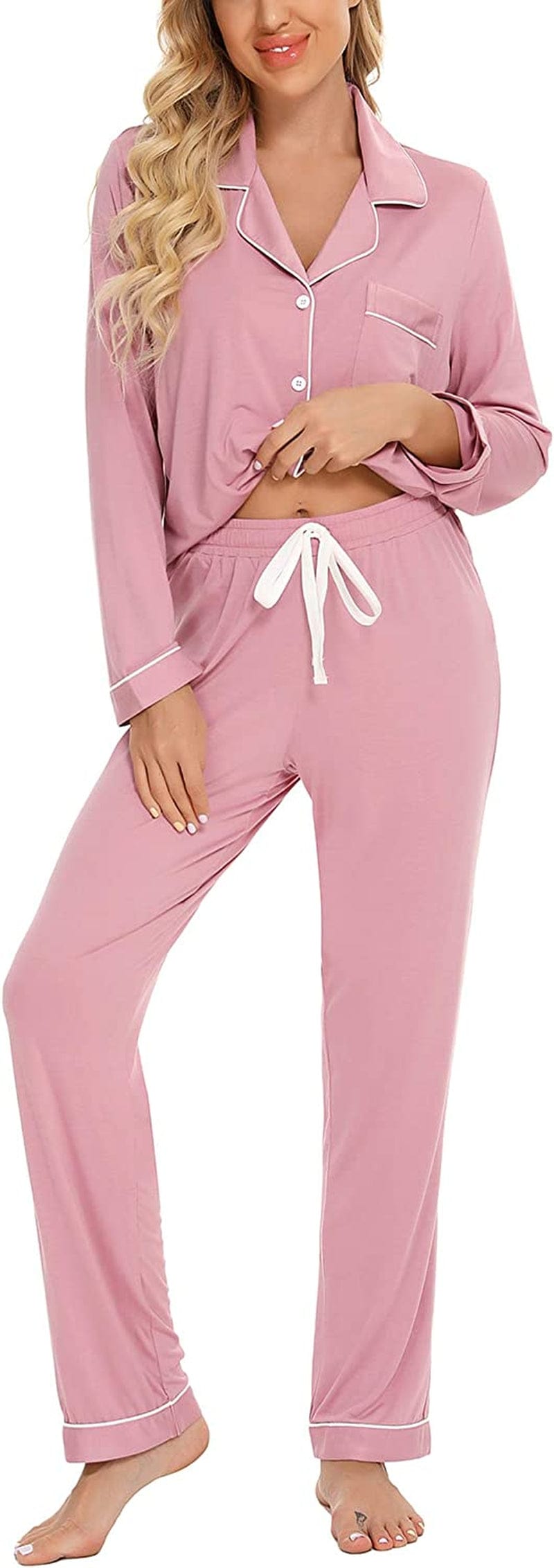 Leikar Button up Pajama Set for Women Long Sleeve Shirt and Pajama Pants Soft Pjs Lounge Sets S-XXL