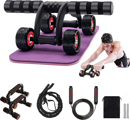 SJDFK Ab Roller Wheels Kit,5-In-1 Ab Abdominal Roller Wheels Set with Push up Bars Resistance Bands Jump Rope Knee Mat for Core Strength Training and Home Workout Perfect Equipment Men Women, Black
